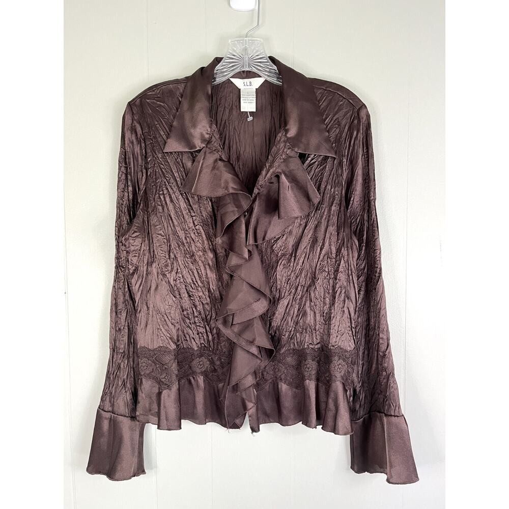 Vintage Y2K‎ Brown Bell Sleeve Crinkle Top Blouse Large Fairy Romantic Textured